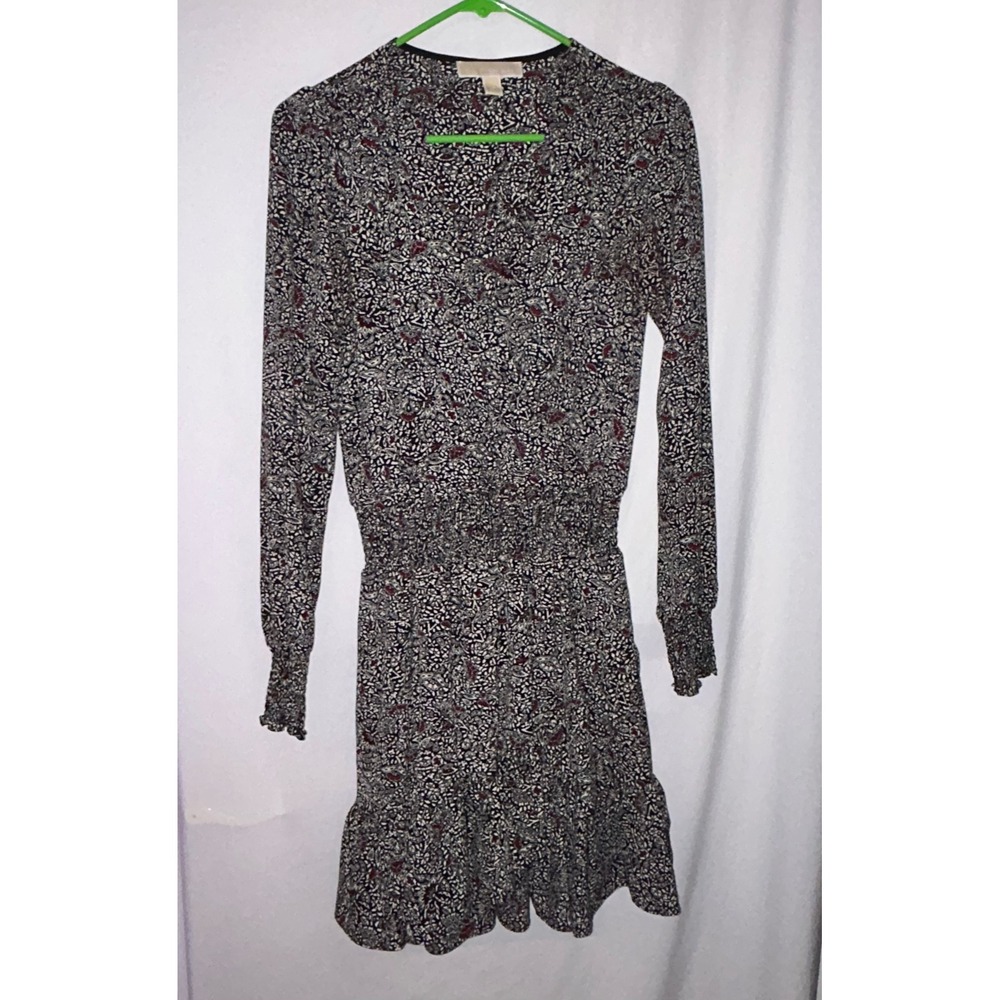 Michael Kors Black Floral Print Long Sleeve Dress XS Mini Ruffle Hem